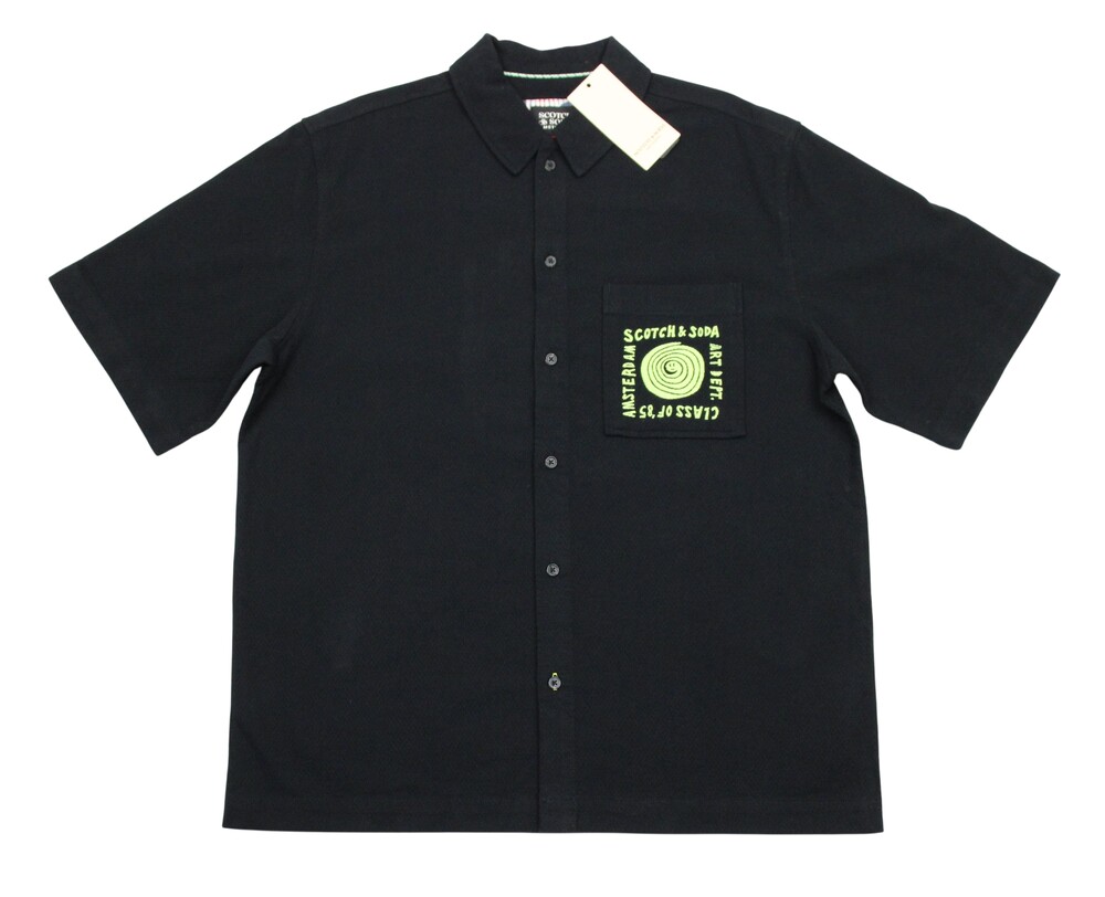 Scotch & Soda Shirt Mens M Black Art Dept Relaxed Cotton Button Up Short Sleeve